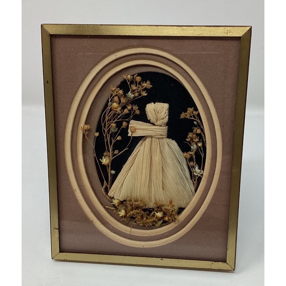 Vintage Corn Husk Doll Shadow Box Art Gold Frame Dried Flowers Folk Art Decor